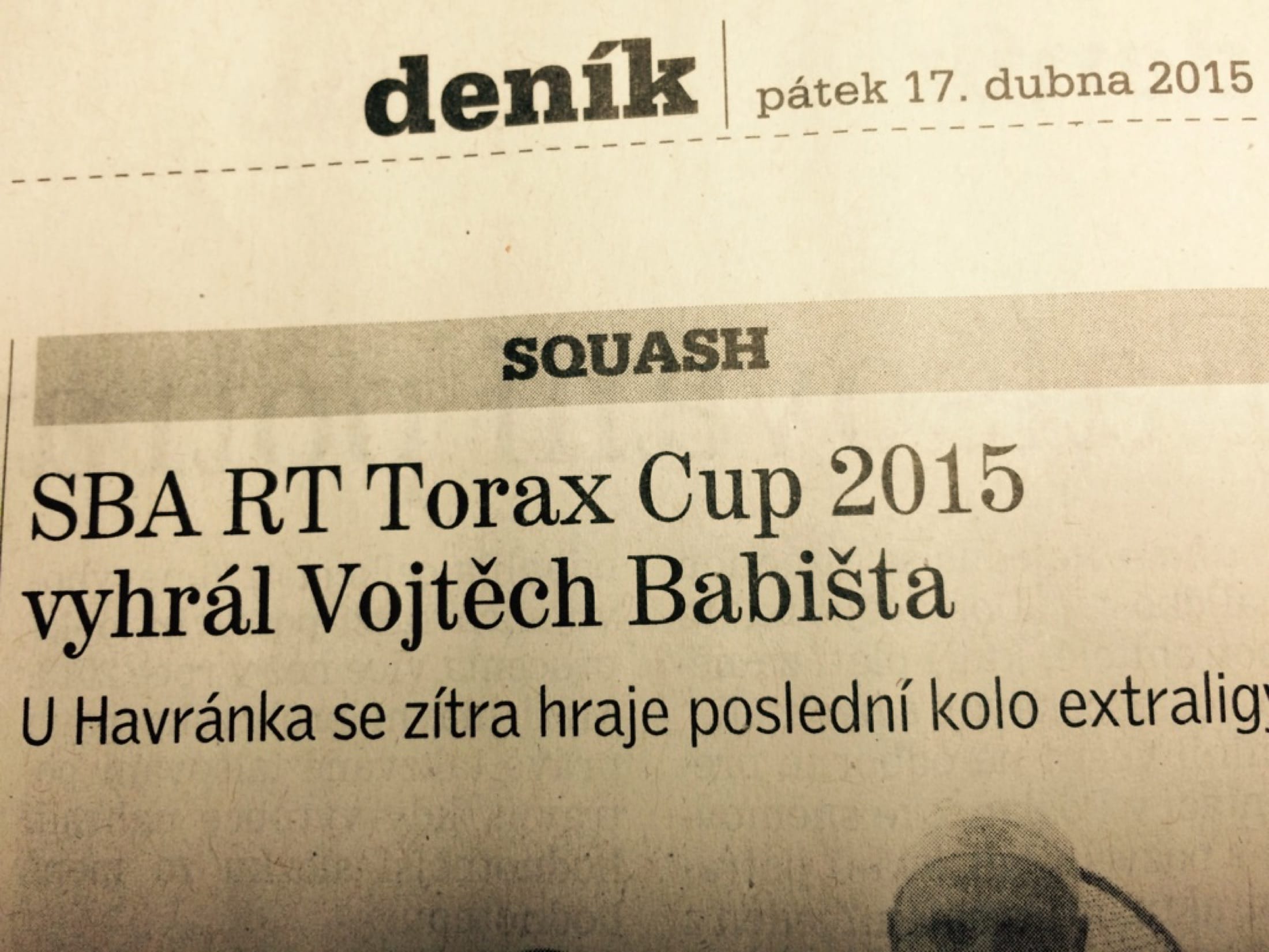 Deník newspaper clipping: SBA RT Torax Cup 2015 won by Vojtěch Babišta